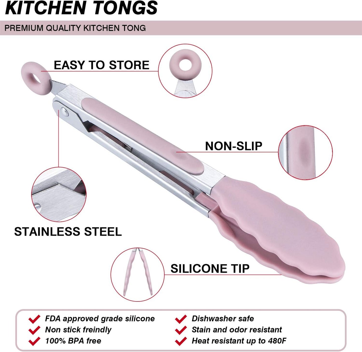 MSY BIGSUNNY Kitchen Food Tongs - 7" Mini Silicone Serving Tongs - Set of 3 (Pink)