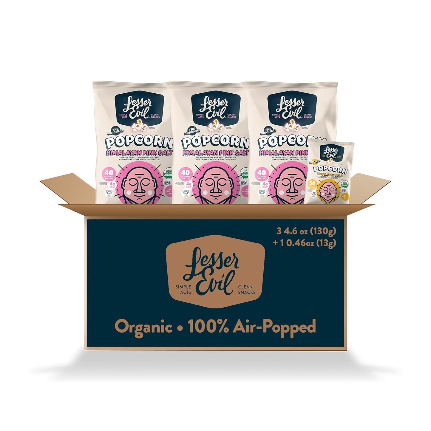 LesserEvil Himalayan Pink Salt and Himalayan Gold Organic Popcorn, Premium Quality, Minimally Processed, 3 4.6oz Bags of Himalayan Pink Popcorn and 1 0.46oz Bag of Himalayan Gold Popcorn