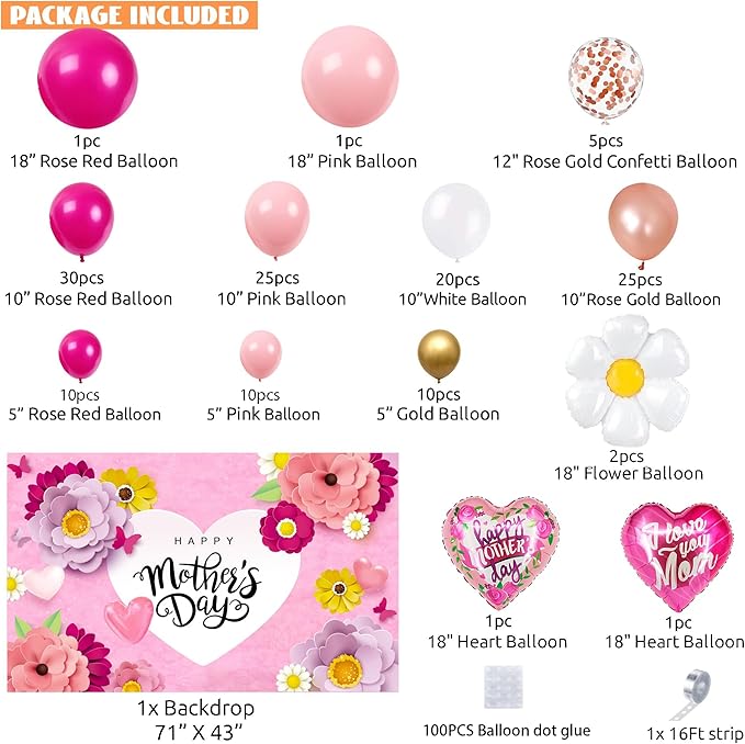 Mothers Day Decorations,146PCS Mother’s Day Balloon Garland Arch Kit Pink Rose Red Balloon with Large Happy Mother’s Day Backdrop, Mother’s Day Decorations for Party