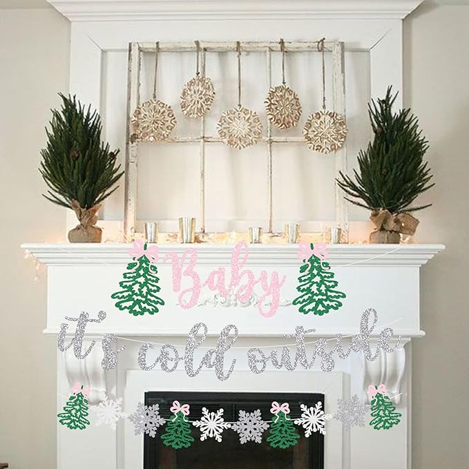 Pink Bow Baby It's Cold Outside Banner Christmas Baby Shower Decoration Winter Holiday Snowflake Welcome Newborn Party Supplies