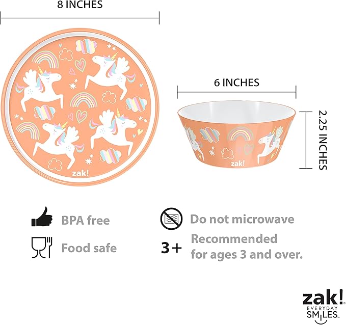 Zak Designs 5-Piece Dinnerware Set, Unicorn - Durable Plastic & Stainless Steel - Includes Water Bottle, 8-Inch Plate, 6-Inch Bowl, Fork & Spoon - Suitable for Kids Ages 3+
