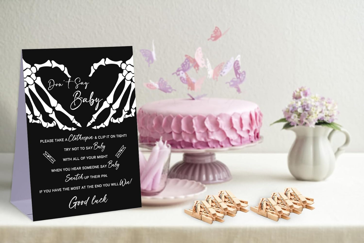 Don't Say Baby Baby Shower Game,Halloween Gothic Baby Shower Decorations,Mini Clothespins for Baby Shower,Neutral Baby Shower Decorations,Little Cutie Baby Shower,1 Sign & 50 Mini Clothespins Set-B4