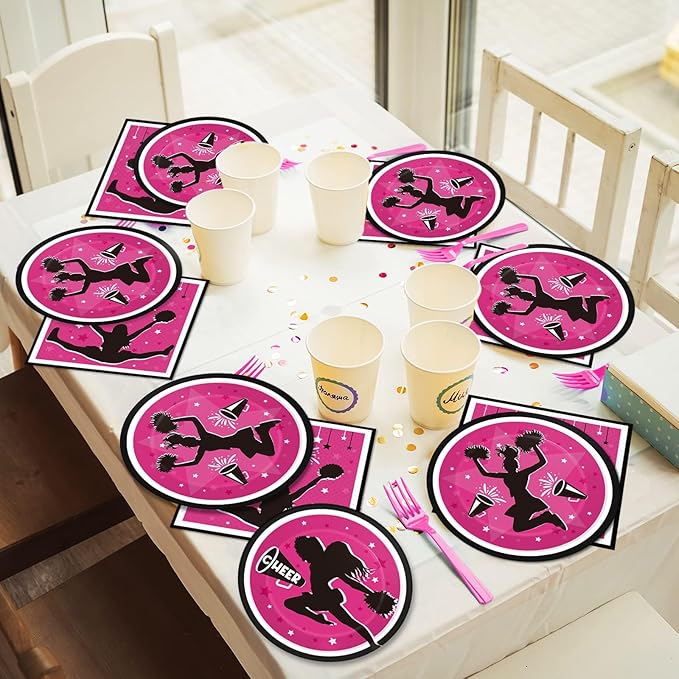 OBUSATT 96Pcs Cheerleader Party Supplies Cheerleading Paper Plates Napkins Gymnastics Party Decorations Girls' Birthday Dinnerware Party Favor Tableware Serves 24