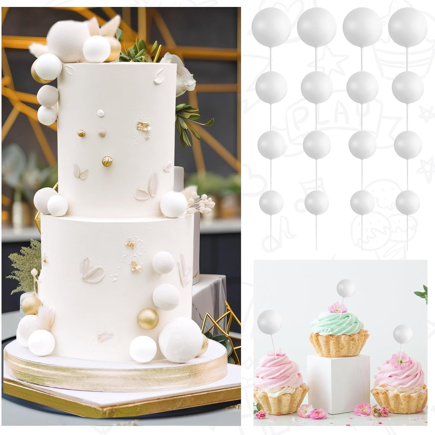 138 Pcs White Balls Cake Topper Decorations Balloon Cupcake Toppers Foam Multisize Cake Topper Balls for Birthday Party Wedding Anniversary