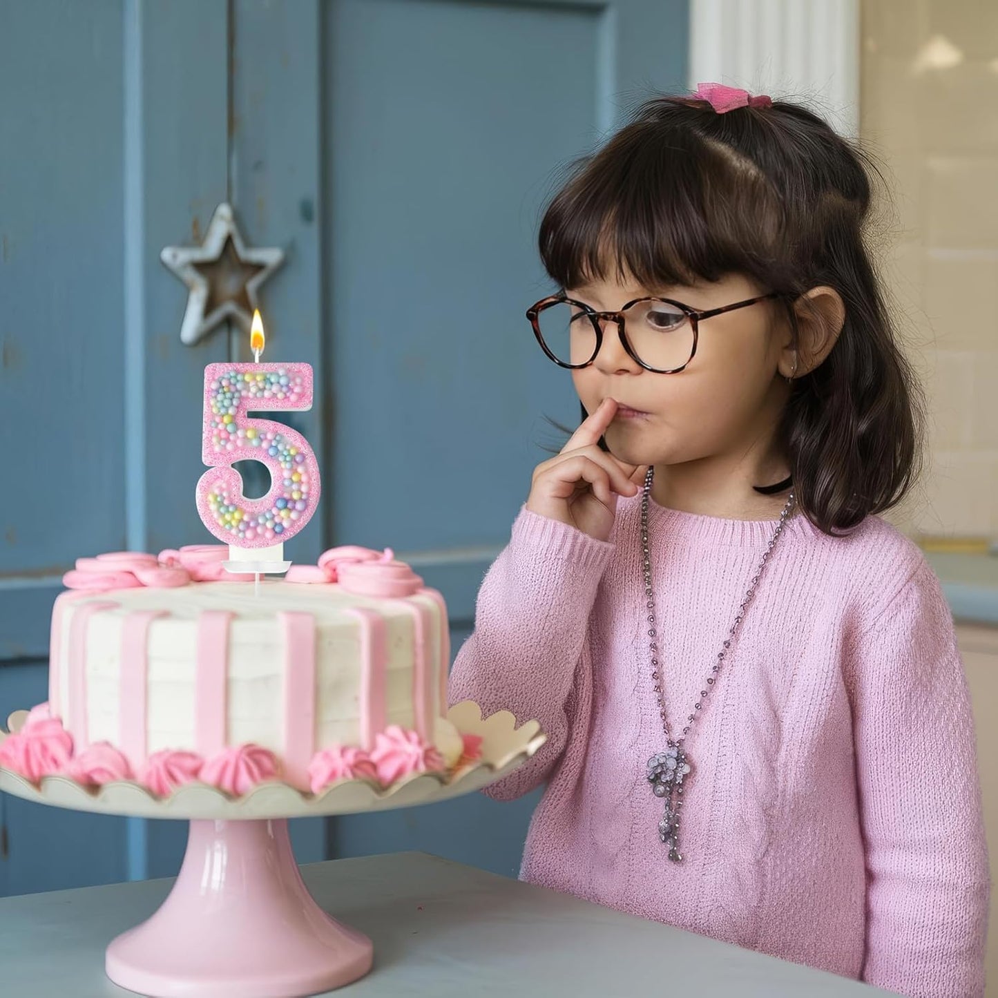 Zlongron Birthday Number Candles, Handmade Macaron 3D Flash Number 5 Candle, Suitable for Girls and Boys' Birthdays, Weddings, Anniversaries, Theme Party Cake Decorations