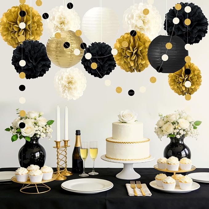 14PCS Black and Gold Party Decorations, Tissue Paper Pom Poms, Paper Lanterns & Polka Dot Paper Garland for 2026 New Year Party Graduation Birthday Wedding Engagement Retirement Party