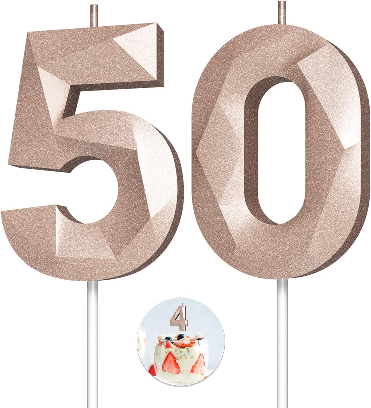 Number Birthday Candles(50 Candle Rose Gold) 3D Diamond Shape Number Happy Birthday Cake Candles for Birthday Party Wedding Decoration Reunions Theme Party