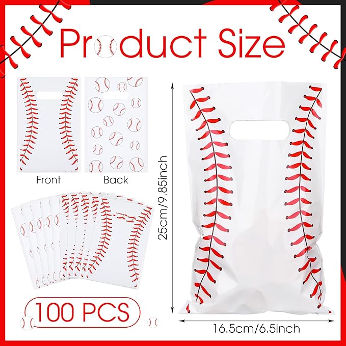 Frienda 100 Pcs Baseball Treat Bags with Handles, White Plastic Baseball Party Favors Bag Baseballs Snacks Bags for Candy Small Gifts, Team Events Birthday and Sports Celebrations Decorations