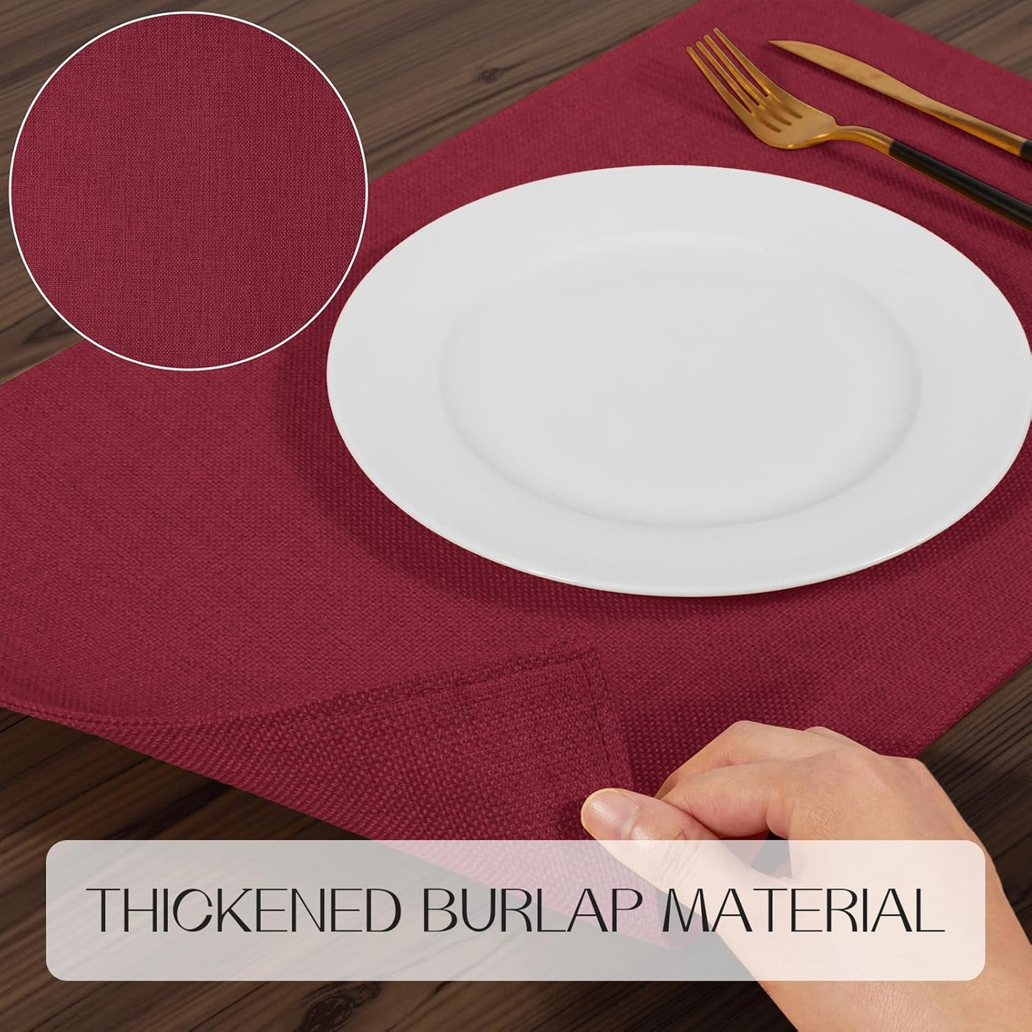 Romanstile Cloth Placemats Set of 4-12 x 18 Inch, Heat Resistant Double Layered Thickened Burlap Christmas Place Mats, Washable Faux Linen Farmhouse Table Mats for Kitchen/Dining/Party/Outdoor, Red