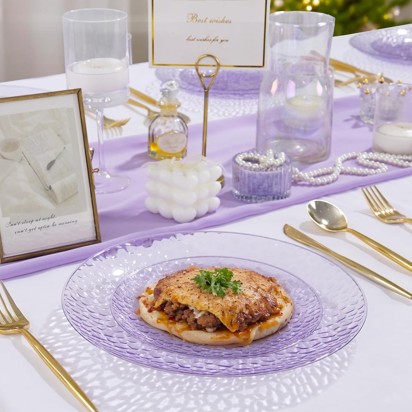 Rubtlamp 60PCS Purple Plastic Plates, Purple Disposable Party Plates, Heavy Duty Plastic With Hammered, Fancy Disposable Platos Include 30 Dinner Plate, 30 Cake Plate For Parties Wedding