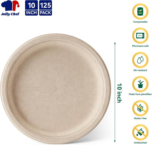 JOLLY CHEF Compostable Heavy Duty Plates 𝟭𝟬 𝗜𝗻𝗰𝗵 [𝟭𝟮𝟱 𝗣𝗮𝗰𝗸] Eco-Friendly Disposable Paper Plates Made of Bagasse Biodegradable Bulk for Party Dinner Sugarcane Thanksgiving Day (Natural)