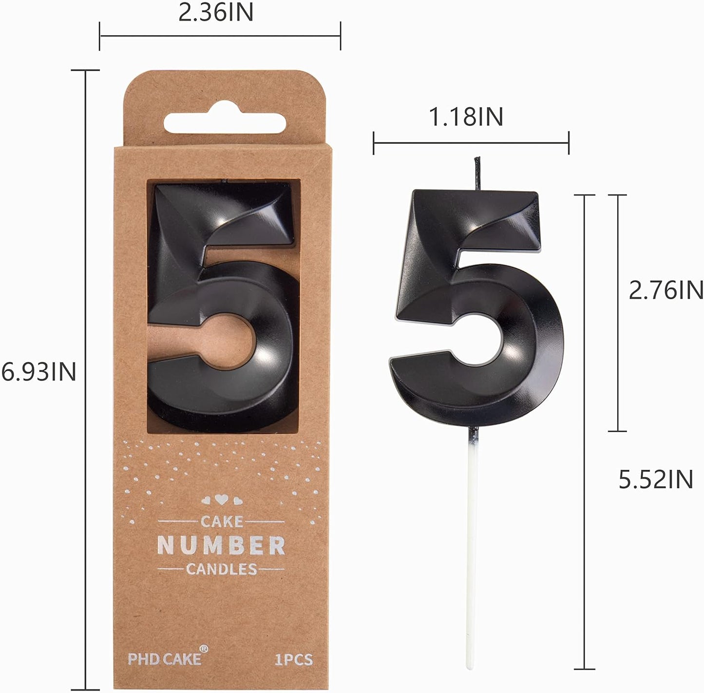 PHD Cake 2.76 Inch Diamond Black 5 Number Birthday Candles, Party Celebration