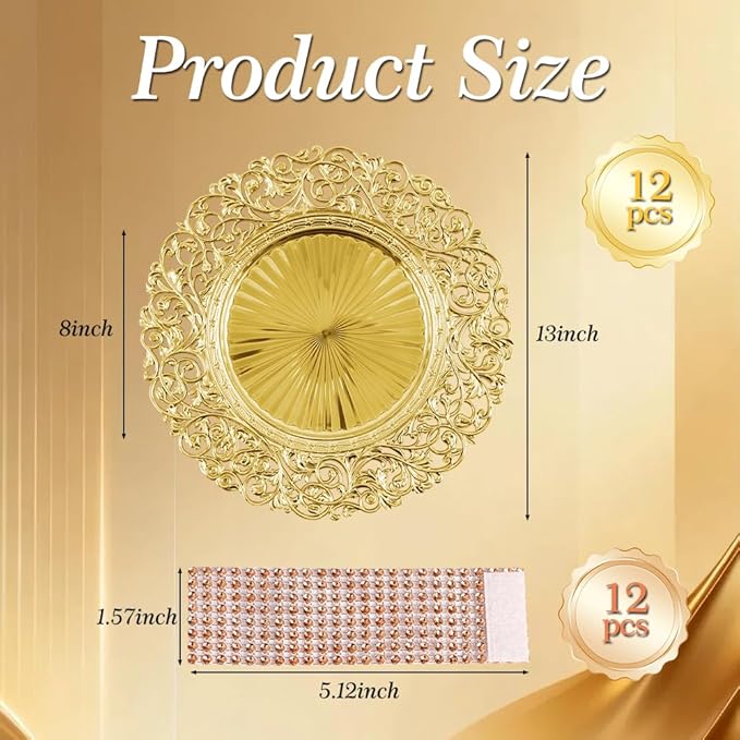 Set of 12 Gold Charger Plates and 12 Napkin Rings, 13-Inch Heavy-Duty Stackable Chargers for Dinner Plates, Perfect for Wedding & Party Table Settings