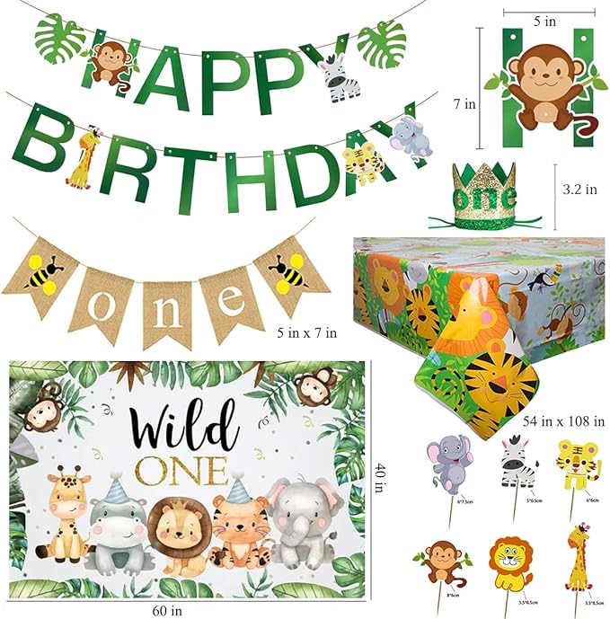 Safari 1st Birthday Decorations for Boy Wild One Backdorp Happy Birthday Banner Jungle Themed Tablecloth Balloon Garland Kit