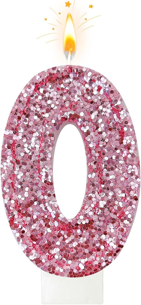 Birthday Number Candles, Glitter Number Candle Cake Decorations with Sequins, Cupcake Decorations for Girls, Women, Party Anniversary Celebrations (Number 0, Pink)