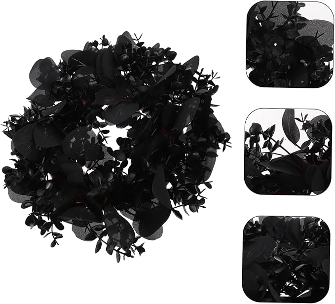 STOBAZA Halloween Eucalyptus Leaf Wreath Black Artificial Decorations Front Door Hanging Garland Eucalyptus Leaves Garland Halloween Theme Decor
