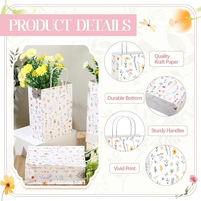 Kolldenn 24 Pcs Welcome Bags for Wedding Hotel Guests Birthday Party Paper Gift Bags with Handles for Halloween Bridal Birthday Party Favor, 8.3'' x 5.9'' x 3.1''(Wildflower)