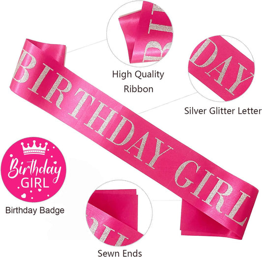 Birthday Girl Sash,Hot Pink Satin with Silver Glitter Letter, Happy 16th,18th,21st,30th 40th 50th 60th 70th 80th or Any Other Birthday Party Supplies,hot Pink Girl