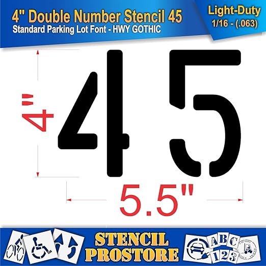 Pavement, Curb, and WheelStop Stencils - 4 inch Double Number Stencil - (45) - 4" x 5.5" x 1/16" (63 mil) - Light-Duty