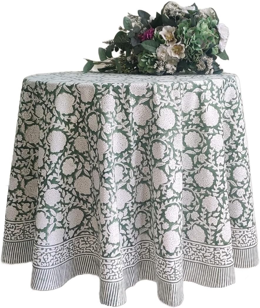 ATOSII Shalimar Green 100% Cotton Round Boho Fall Tablecloth, Handblock Floral Table Cloth Linen for Kitchen Dining I Parties Wedding Outdoors Christmas Thanksgiving I Fall Home Decor 60" Inches Round