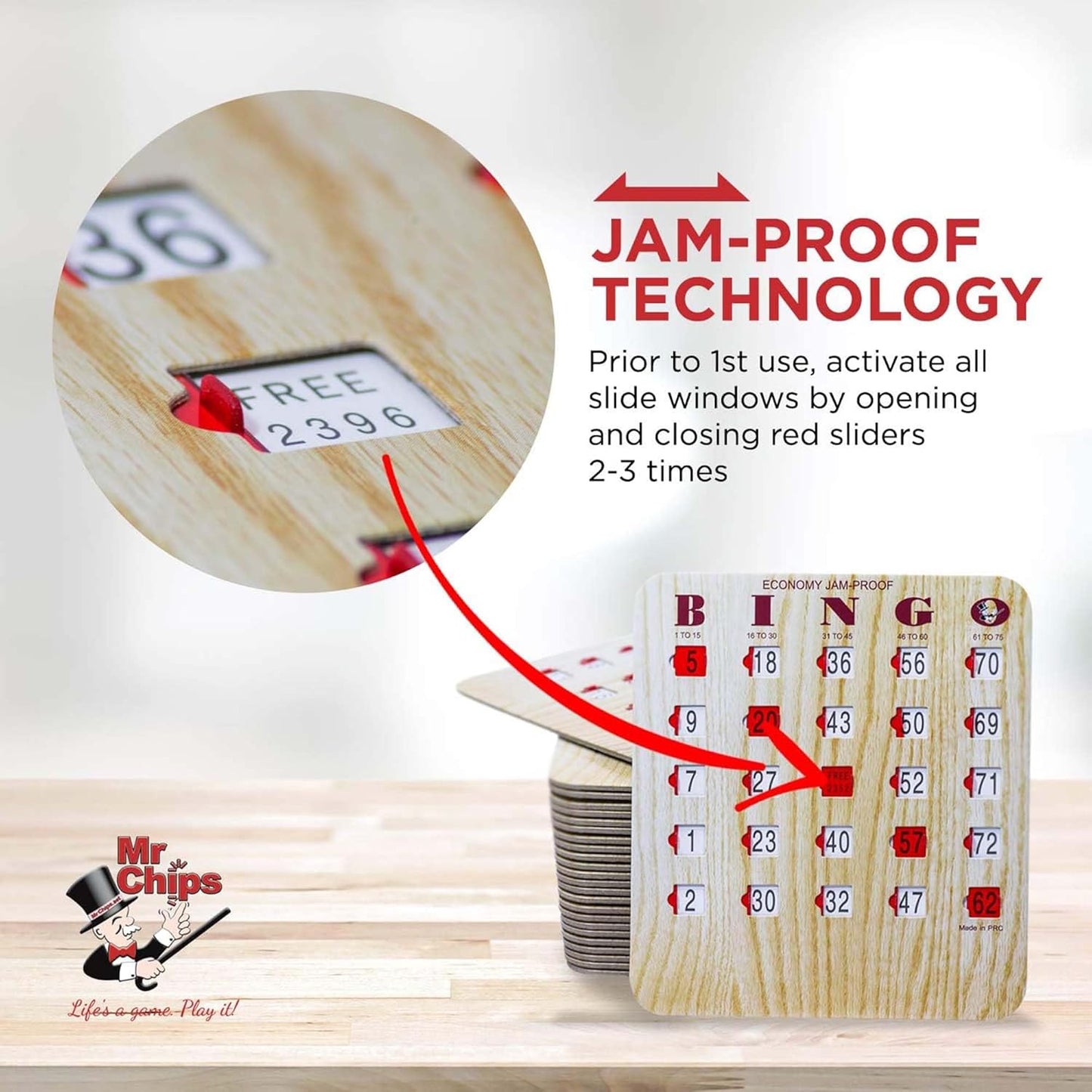 MR CHIPS Jam-Proof Bingo Cards with Sliding Windows, 25 Reusable Shutter Cards, 75 Calling Cards 1 Master Board in Tan Woodgrain Style