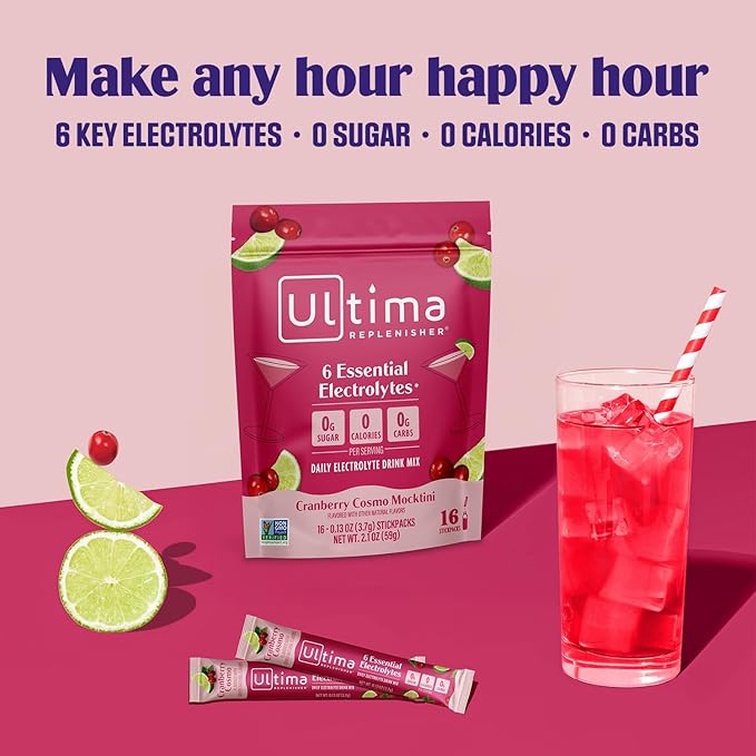 Ultima Replenisher Daily Electrolyte Powder Drink Mix - Sugar Free - Cranberry Cosmo, 16 Stickpacks - Hydration Packets with 6 Key Electrolytes and Trace Minerals – Keto Friendly, Non-GMO