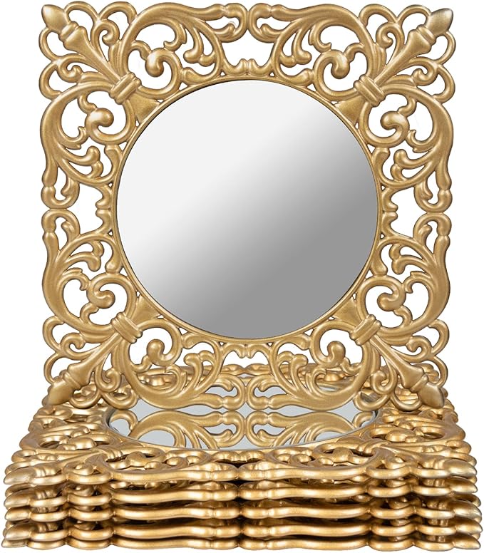MAONAME 12" Gold Charger Plates Set of 6, Mirror Charger for Dinner Plates, Plastic Plate Chargers with Embossed Rims, Square Chargers for Table Setting, Wedding
