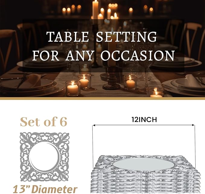 MAONAME 12" Silver Charger Plates Set of 6, Mirror Charger for Dinner Plates, Plastic Plate Chargers with Embossed Rims, Square Chargers for Table Setting, Wedding