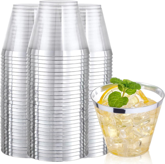 Nervure 120PCS Silver Plastic Cups - 9Oz Silver Rimmed Plastic Cups - Heavy Duty Plastic Cup with Silver Rim Perfect for Weddings, Receptions & Parties