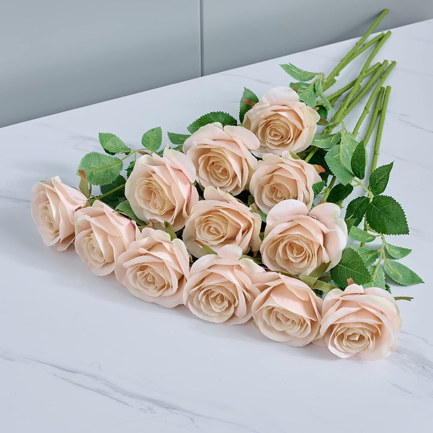 12Pcs Blush Pink Rose Artificial Flowers Faux Roses Silk Rose Fake Flowers Rose with Long Stems for DIY Wedding Bouquets Centerpieces Baby Shower Party Home Decorations (Blush Pink)