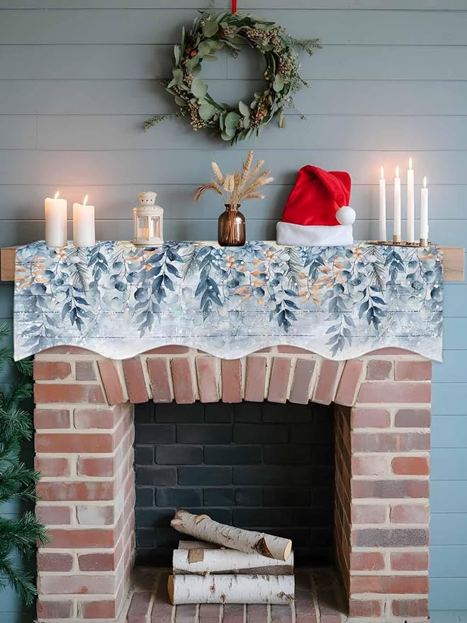 Blue Eucalyptus Fireplace Mantel Scarf Table Runner, Christmas Leaves Poinsettia Farmhouse Wooden Winter Garland Mantel Top Tablerunners Dresser Scarves Cover for Windows Party Living Room 60''x17''