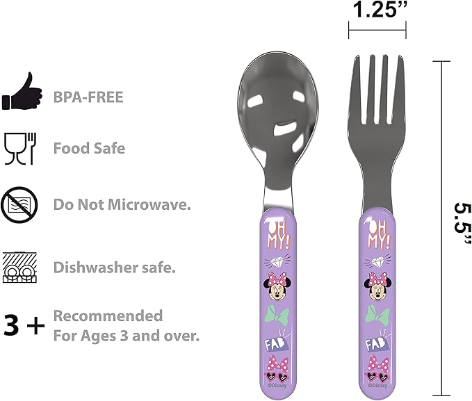 Zak Designs 5-Piece Dinnerware Set, Disney Minnie Mouse - Durable Plastic & Stainless Steel - Includes Water Bottle, 8-Inch Plate, 6-Inch Bowl, Fork & Spoon - Suitable for Kids Ages 3+