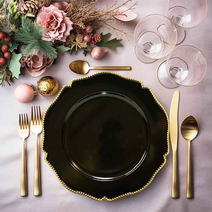 Black scalloped charger plates with Gold beaded rim,13 inch plastic dinner chargers for wedding and party table settings, Glossy Finish (set of 6)