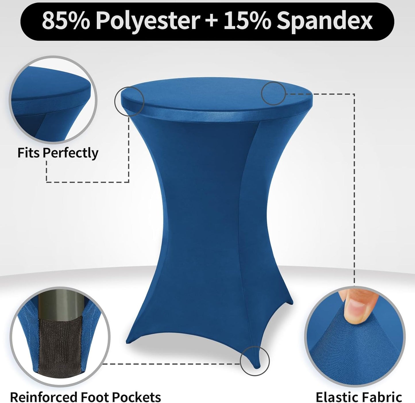FestiCorp 6 Pack Spandex Blue Table Cover, Cocktail Fitted Tablecloths, Round Highboy Stretch Table Covers Cloths for Party, DJ, Bar, Wedding, Birthday, Banquet, 30"-32" Diameter x 40"-43" Height