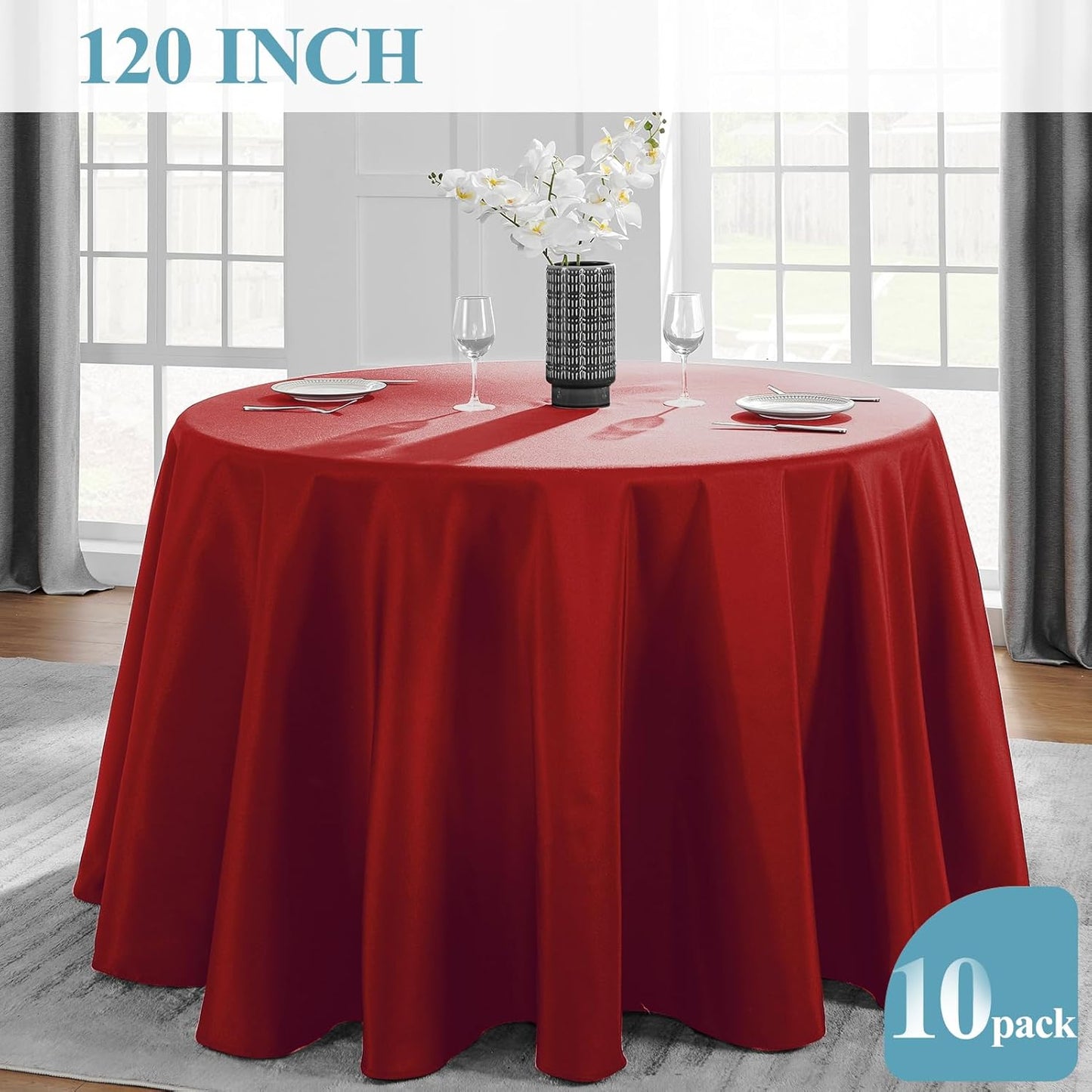 VidaFete Tablecloth 10 Pack 120inch Round Table Cloth Polyester, Stain Wrinkle Resistant Polyester Dining Table Cover for Kitchen Dinning Party Wedding Round Tabletop Buffet Decoration(Red)