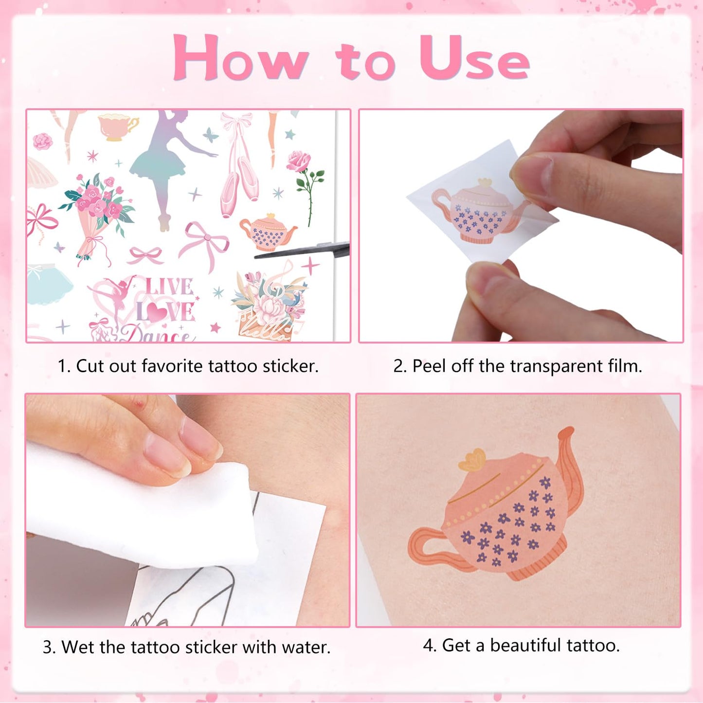 Ballerina Party Temporary Tattoos - 200+ Ballet Dance Temporary Tattoos Stickers Dance Party Decorations Gifts Dance Party Favors Cute Temporary Tattoos Ballet Themed Party Supplies for Kids