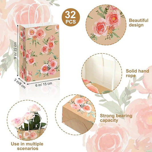 Karenhi 16 Pcs Small Floral Gift Bags with Handles Vintage Floral Paper Treat Bags Reusable Kraft Paper Tea Party Gift for Mothers Day Party Favors 8.7 x 5.9 x 3.2 In