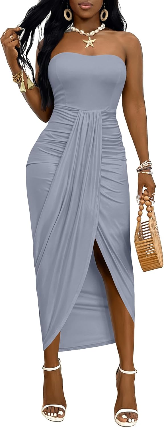 Umenlele Women's Strapless Ruched High Waist Wrap Split Asymmetrical Beach Maxi Long Dress