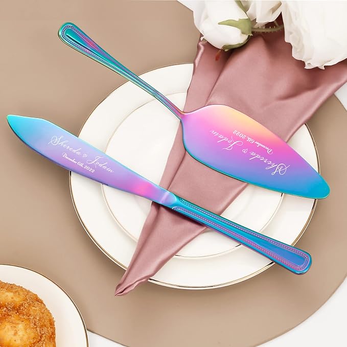 Cake Cutting Set for Wedding, Personalized Wedding Cake Knife and Server Set, Vintage Engraved 2-Piece Pie Pizza Cutter Serving Set, Custom Bridal Anniversary Birthday Quinceañera Gift(Rainbow)