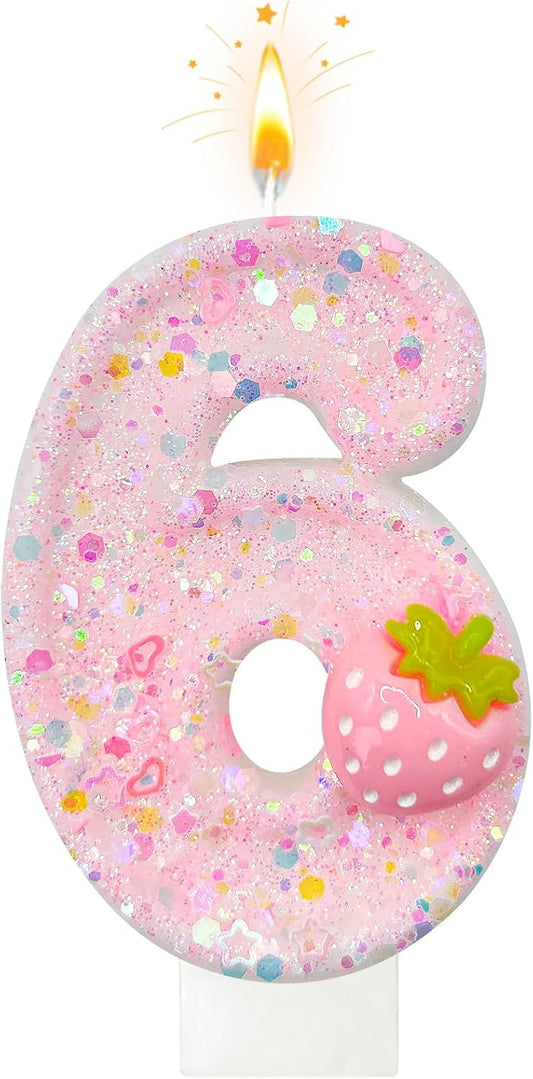 HXOUSE Strawberry Number 6 Birthday Candles - Pink Berry Birthday Candles for Cake, 6 Candle Topper for Anniversary Celebrations Supplies, Strawberry Party Decorations for Girl (No.6)