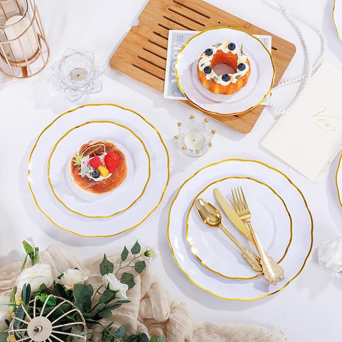supernal 60 pcs White and Gold Plastic Plates for Party Fancy Elegant Scalloped Plates Heavy Duty Bridal Shower Plate Wedding Disposable Dinnerware Included 30 Gold Dessert Plate and 30 Dinner Plate