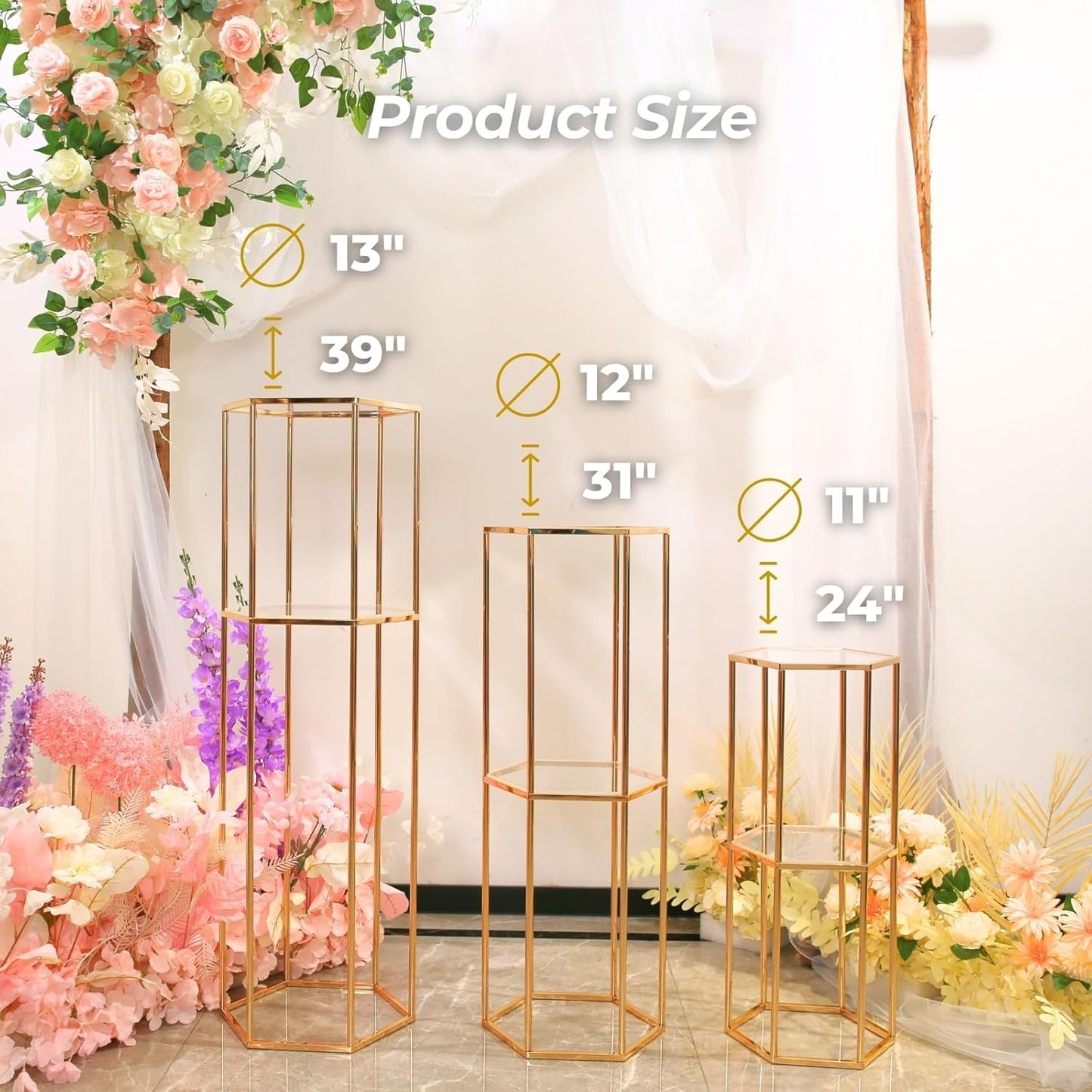 3PCS 2 Tier Hexagon Gold Cake Stand for Party, Tall Metal Pedestal Stands for Display Decoration, Flower, Plant, Birthday, Wedding, Baby Shower, Bridal Shower, Cylinder Column for Desserts