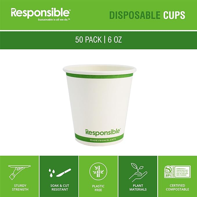 Responsible Products Certified Compostable 6 oz Paper Cups, Cold ＆ Hot Coffee Cups, Disposable Paper Cups, Extra Strength Disposable Cups, Made without PFAS (50 count)