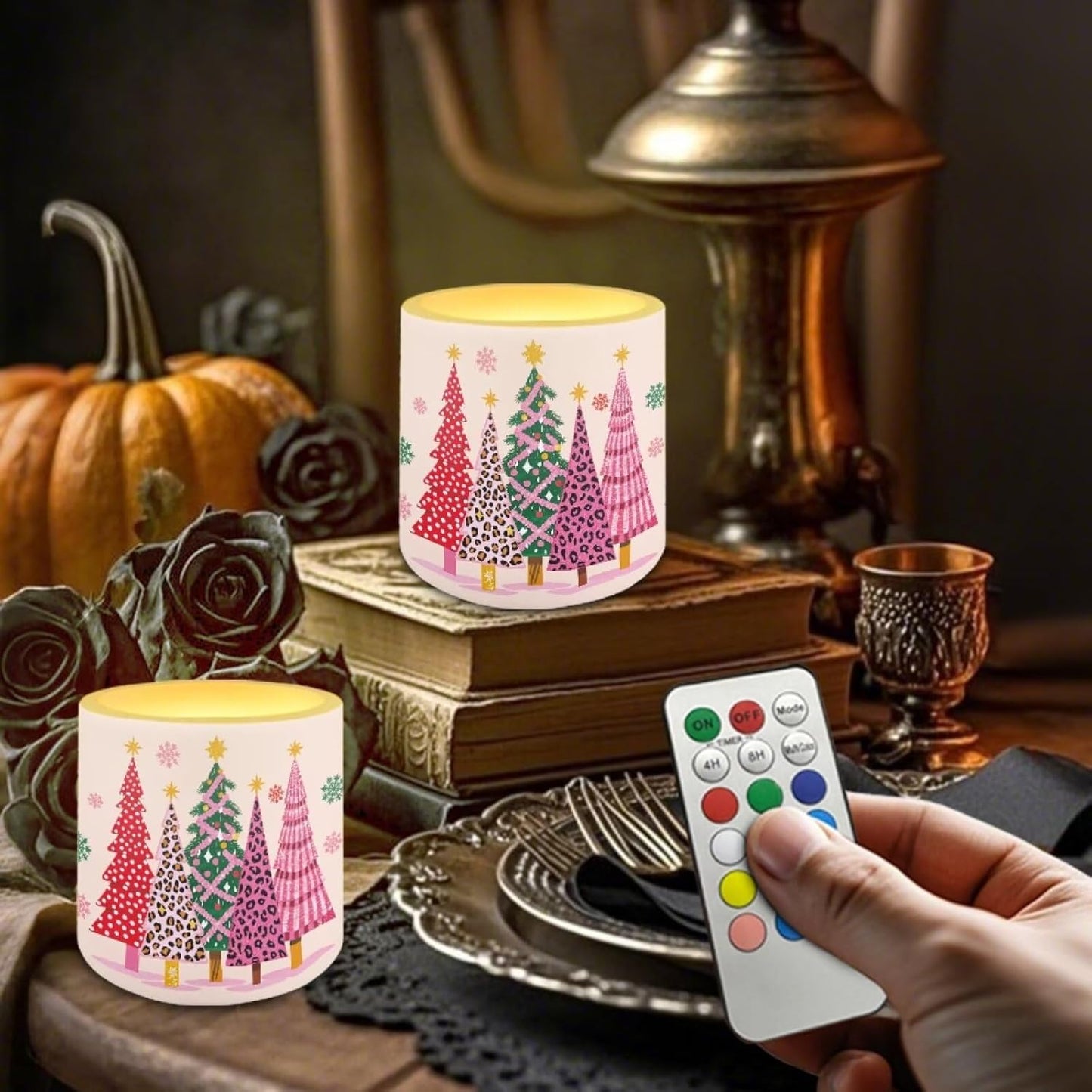 Poceacles Christmas LED Flameless Candles Set of 4 Battery Operated Fake Flickering Candles with Remote and Timer, for Holiday Festival Decor, Leopard Print Christmas Tree Snowflake Pink