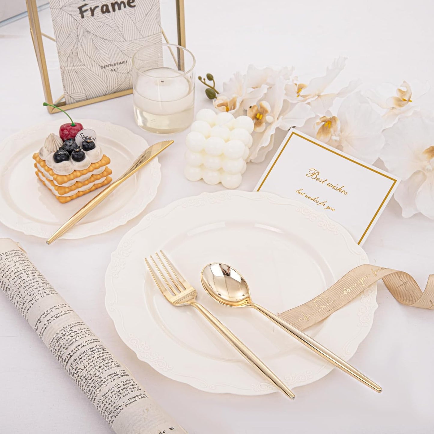 U-QE 100 Pieces Ivory Thanksgiving Plastic Plates for Party - Ivory Disposable Plastic Plates - Heavy Duty Disposable Platos Including 50 Dinner 10 '' & 50 Dessert 7.5 '' for Thanksgiving