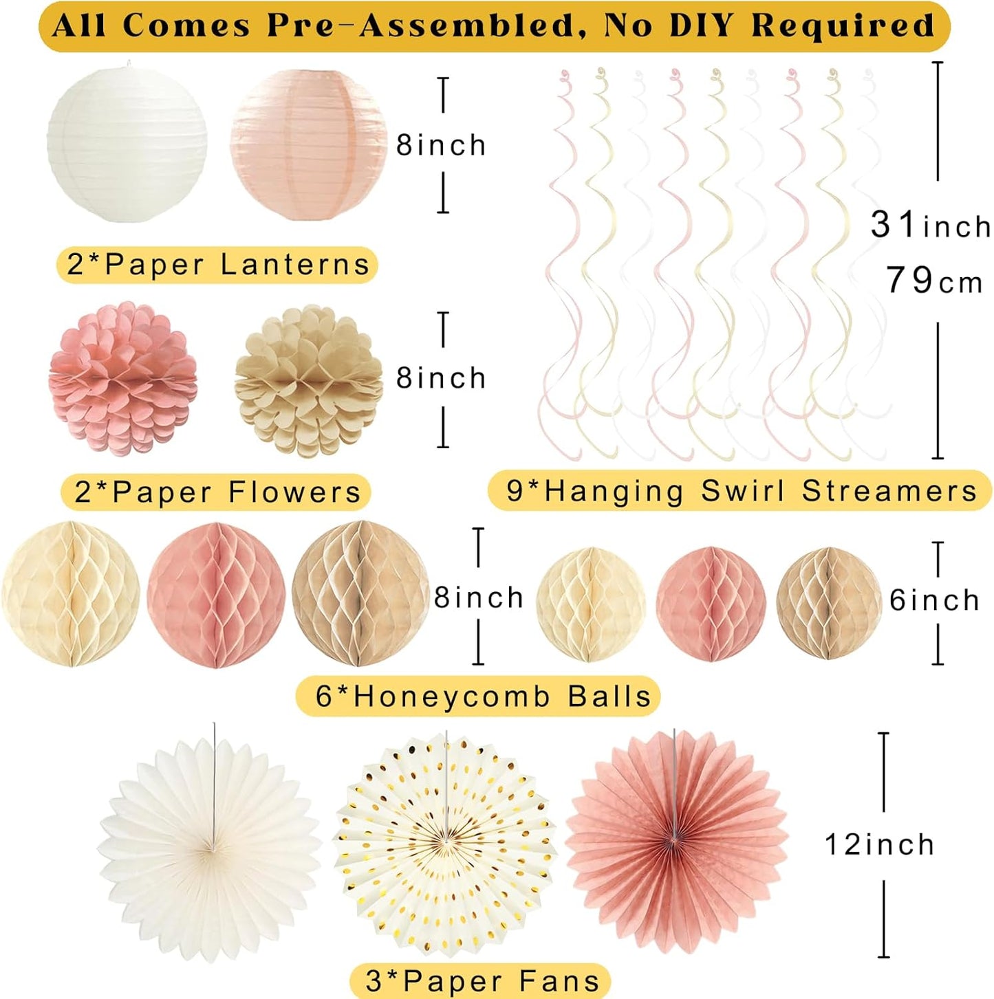Boho Baby Shower Decorations for Girl, Pre-Strung Welcome Baby Banner with Honeycomb Balls, Paper Flowers, Lanterns, Fans, Hanging Swirls, Circle Dots Garland for Girl Baby Shower Decorations 24pcs