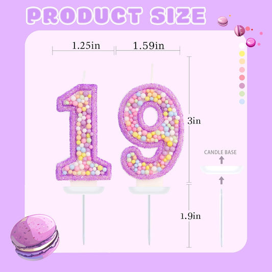 Purple Birthday Candles - Number 19 Candle, Colorful Macaron Candles, 19 Birthday Decorations for Girls, Purple Cake Decorations, Theme Party Supplies