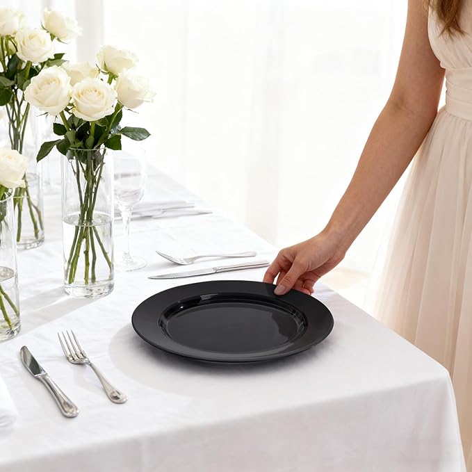 100Pcs Black Plastic Dessert Plates, Disposable Salad Plate, Premium Hard Fancy Small Plates, Heavy Duty Plastic Cakes Plates for Party, Wedding and Birthday