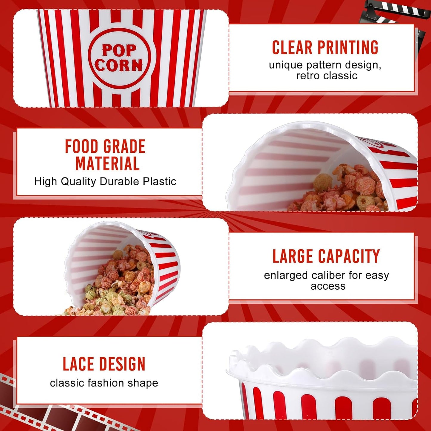 Roshtia 6 Pieces Plastic Popcorn Containers Reusable Buckets 75 oz Popcorn Boxes Bowl with Scoop Retro Style Red Plastic Scoop Set for Movie Theater Night(Stripe)