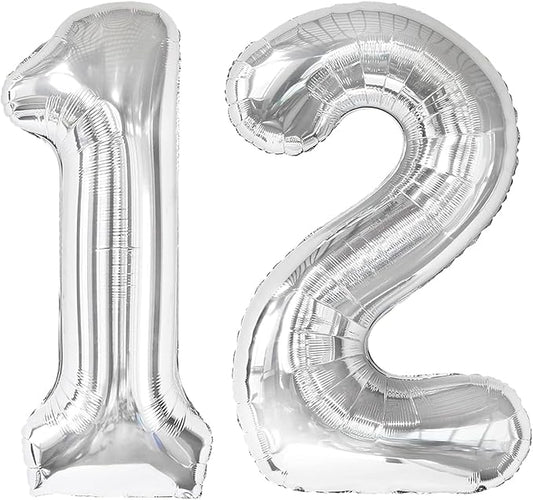 Silver Number 12 Balloon 40 inch, 12 Number Balloons, 12th Silver Birthday Decorations for Girls Boys Kids, 12 Year Old Silver Party Supplies